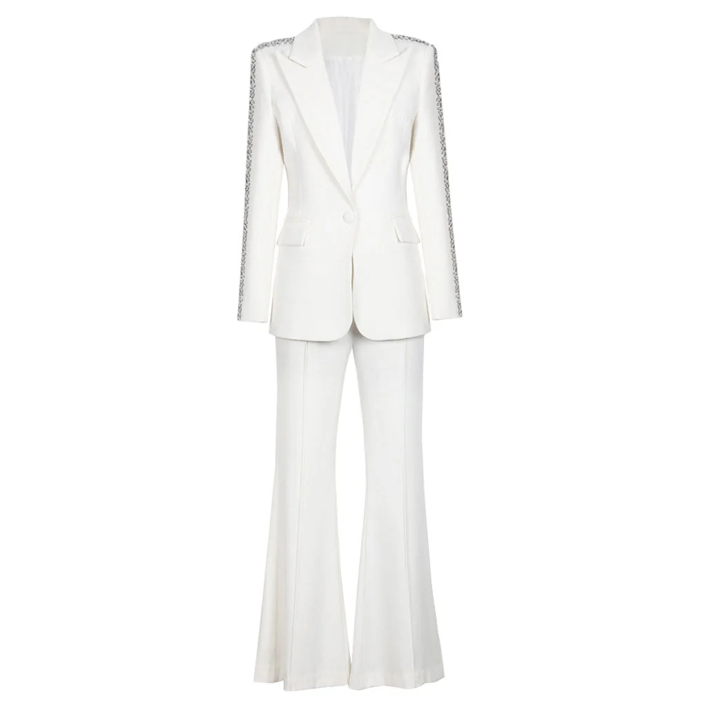 Sparkly Rhinestone Embellished Tailored Blazer High Waist Bootcut Pants Matching Set - Image 2
