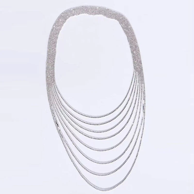 Sparkly Rhinestone Embellished Tassel Layered Backdrop NeckLace - Silver