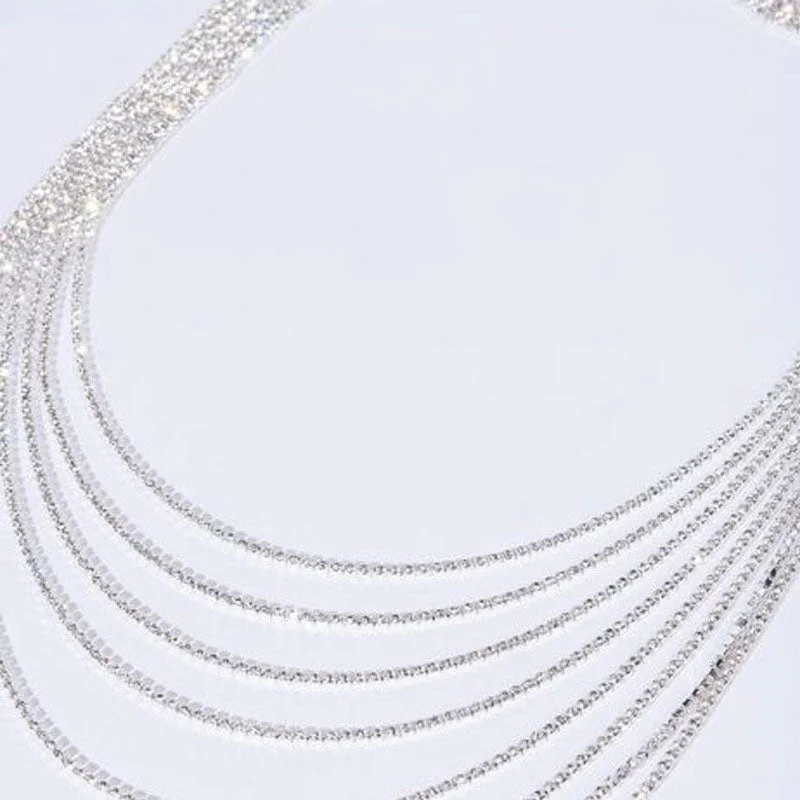 Sparkly Rhinestone Embellished Tassel Layered Backdrop NeckLace - Silver - Image 2