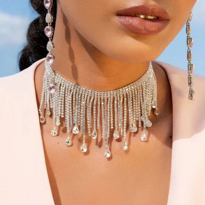 Sparkly Rhinestone Embellished Waterfall Fringe Choker NeckLace - Silver - Image 3