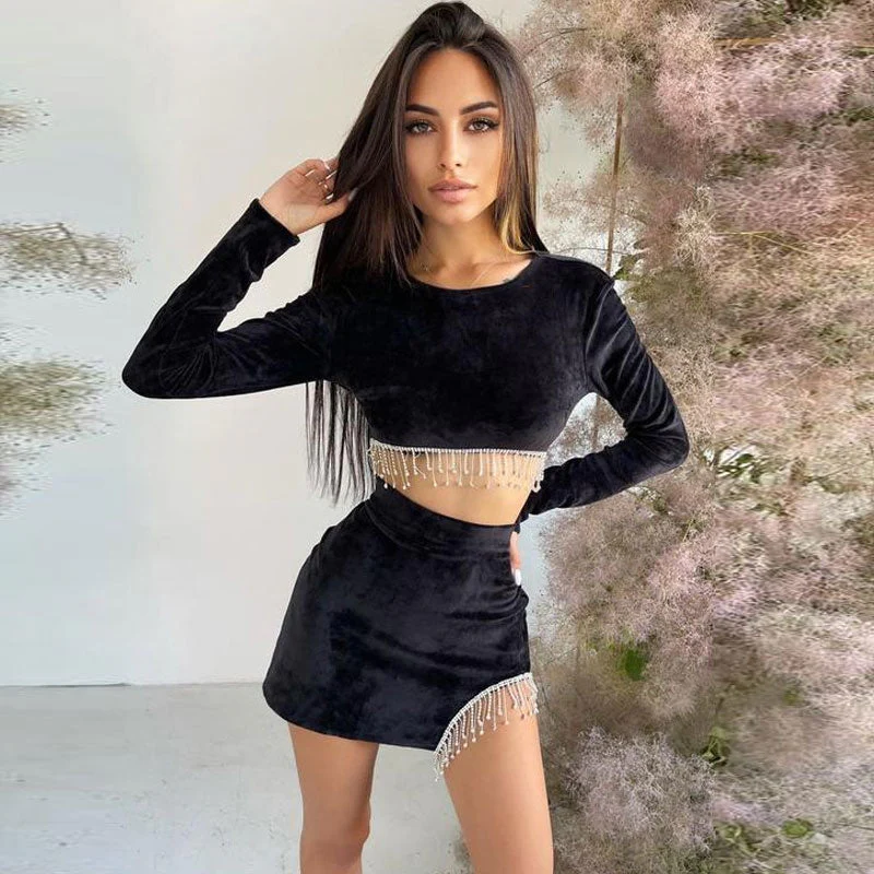 Sparkly Rhinestone Fringe Cut Out Velvet Crop Skirt Matching Set - Black - Image 2
