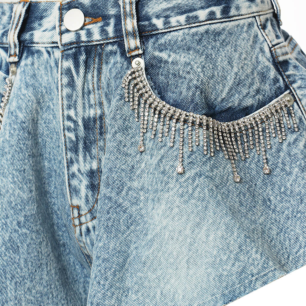 Sparkly Rhinestone Fringe High Waist Ruffle Wide Leg Denim Shorts - Image 3
