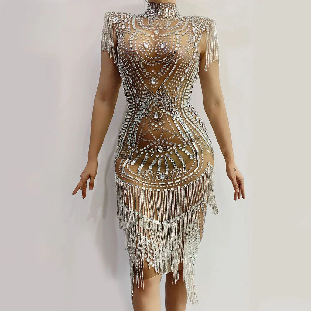 Sparkly Rhinestone Fringe Trim Shoulder Pad High Neck Mesh Midi Party Dress - Image 2