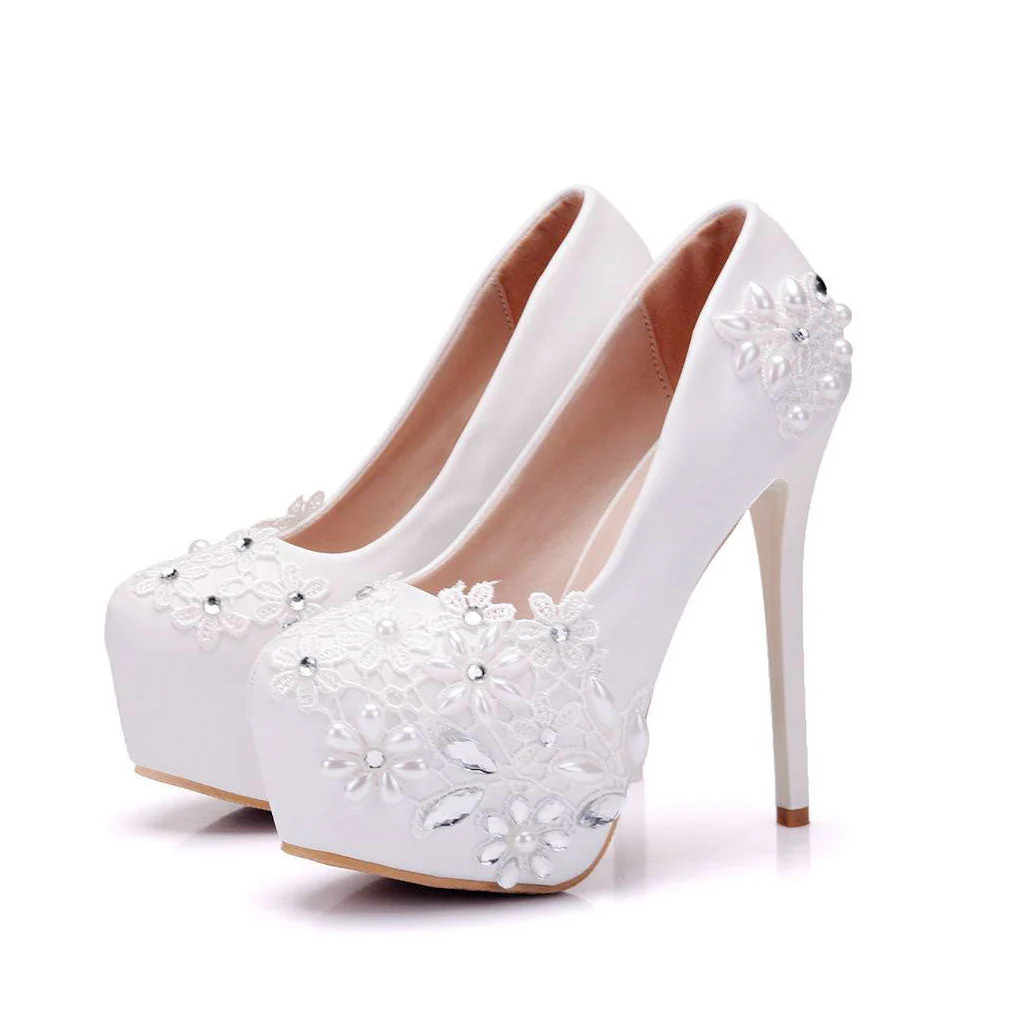 Sparkly Rhinestone Petal Embellished High Heel Platform Pumps - White - Image 2