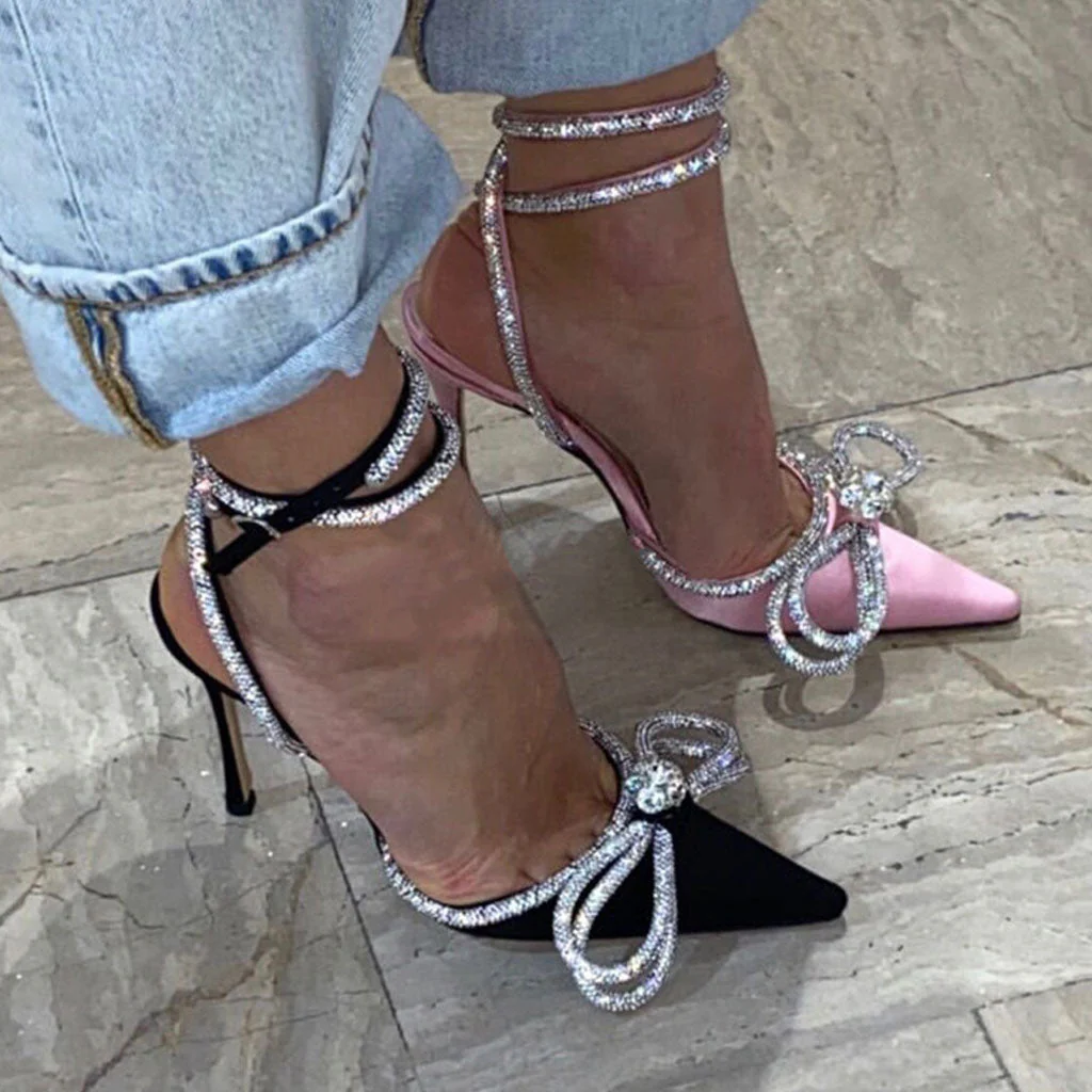 Sparkly Rhinestone Pointed Toe Ankle Strap Satin Butterfly Heels - Black - Image 3