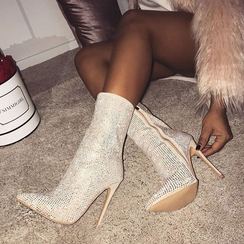 Sparkly Rhinestone Pointed Toe High Heeled Suede Ankle Boots - Beige - Image 2