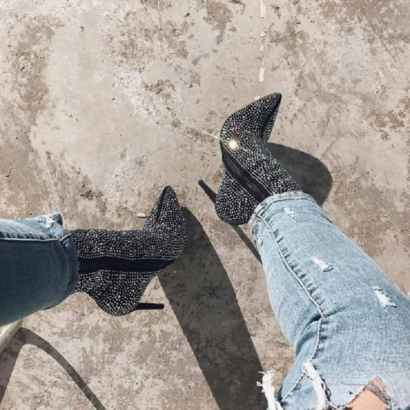 Sparkly Rhinestone Pointed Toe High Heeled Suede Ankle Boots - Black - Image 2