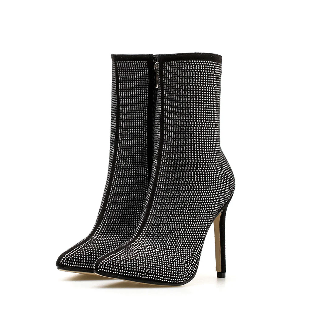 Sparkly Rhinestone Pointed Toe High Heeled Suede Ankle Boots - Black - Image 3