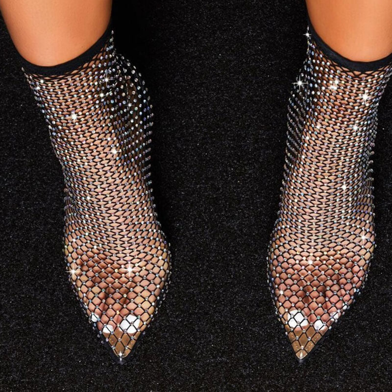 Sparkly Rhinestone Pointed Toe Naked Mesh Ankle Boots - Black - Image 2