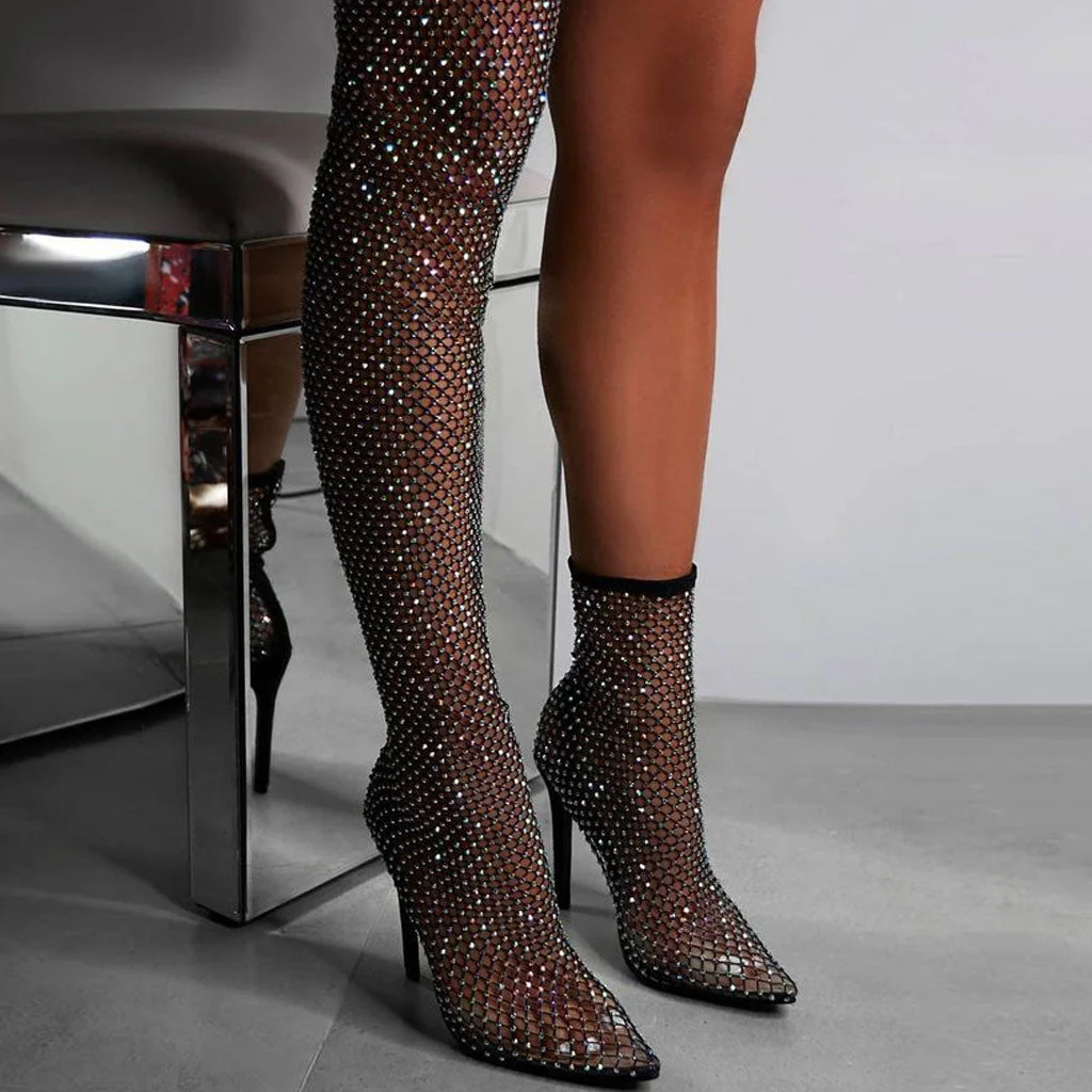 Sparkly Rhinestone Pointed Toe Naked Mesh Ankle Boots - Black - Image 3