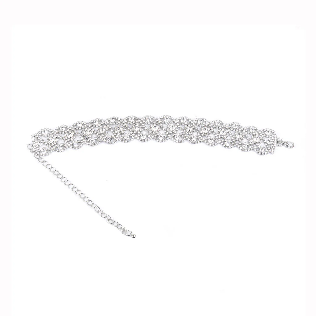 Sparkly Rhinestone Scalloped Chain Statement Choker Necklace - Silver - Image 2