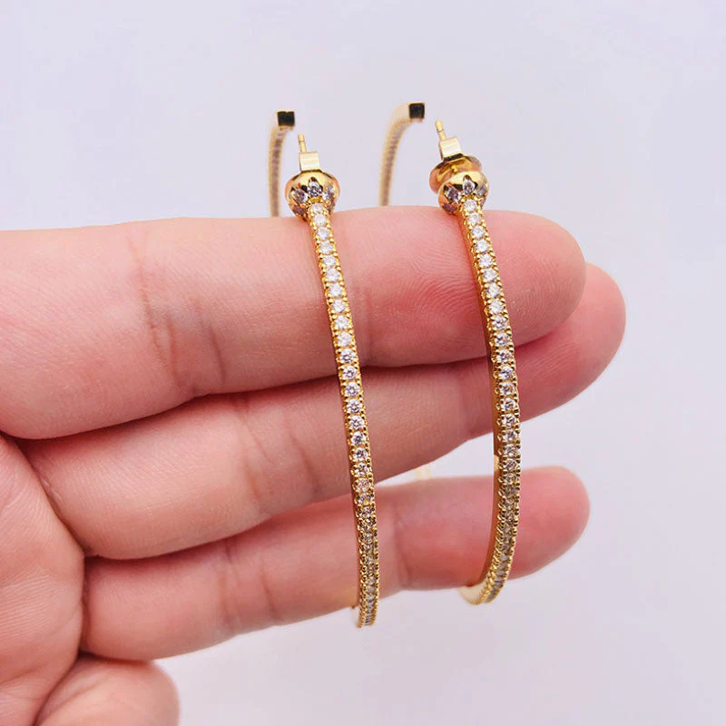 Sparkly Rhinestone Studded Pleated Large Hoop Earrings - Gold - Image 2