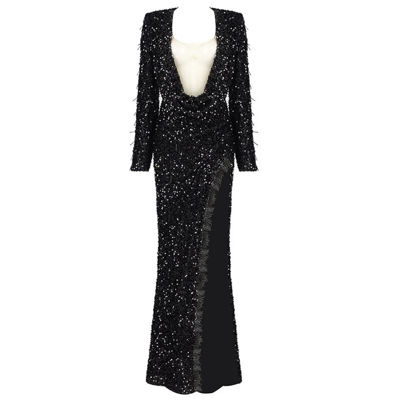 Sparkly Sequin Embellished Deep V Beaded Fringe High Split Maxi Evening Dress - Image 2