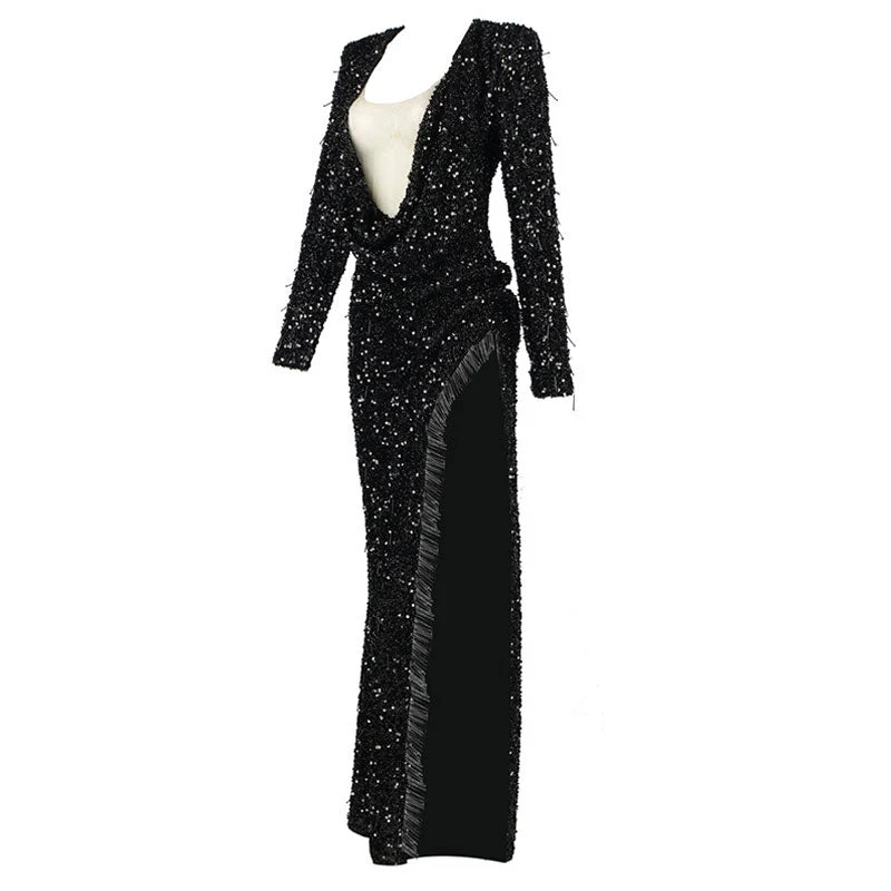 Sparkly Sequin Embellished Deep V Beaded Fringe High Split Maxi Evening Dress - Image 3