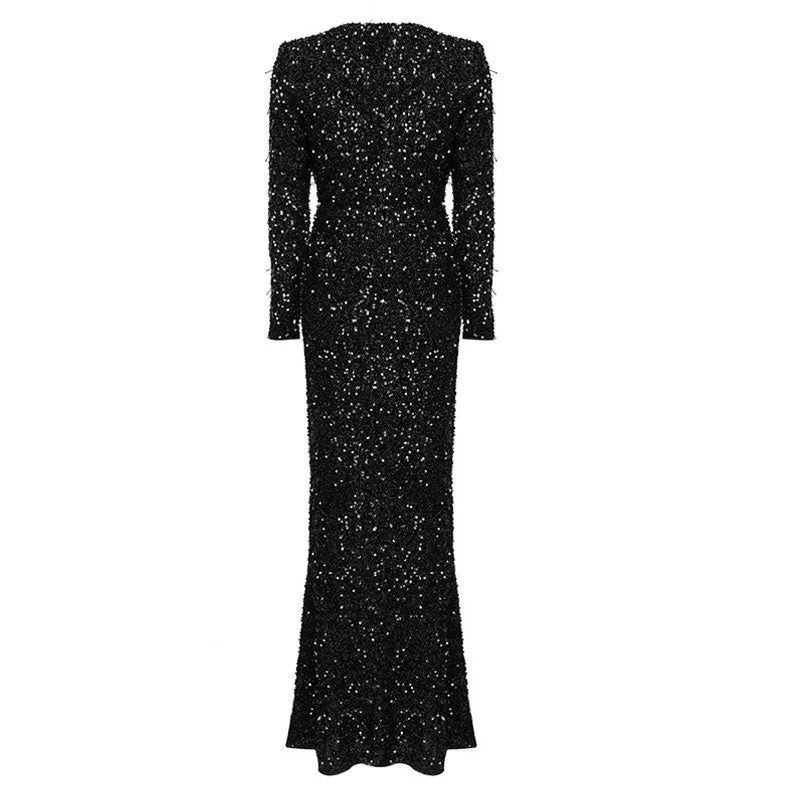Sparkly Sequin Embellished Deep V Beaded Fringe High Split Maxi Evening Dress - Image 4