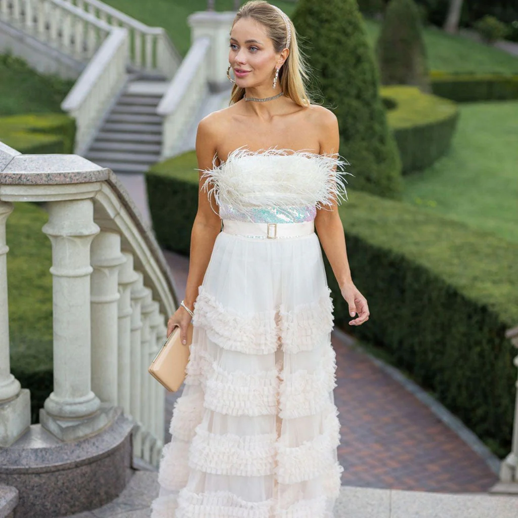 Sparkly Sequin Feather Trim Bandeau Ruffle Tiered Tulle Maxi Tube Gown Dress - Image 2