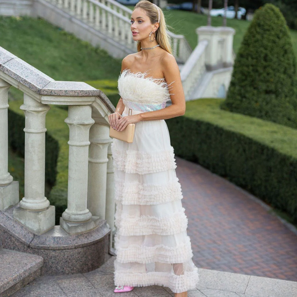 Sparkly Sequin Feather Trim Bandeau Ruffle Tiered Tulle Maxi Tube Gown Dress - Image 3