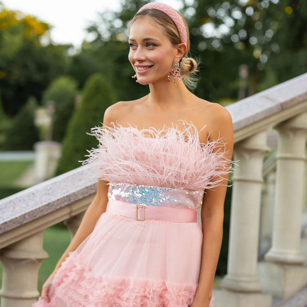 Sparkly Sequin Feather Trim Bandeau Ruffle Tiered Tulle Maxi Tube Gown Dress - Image 6