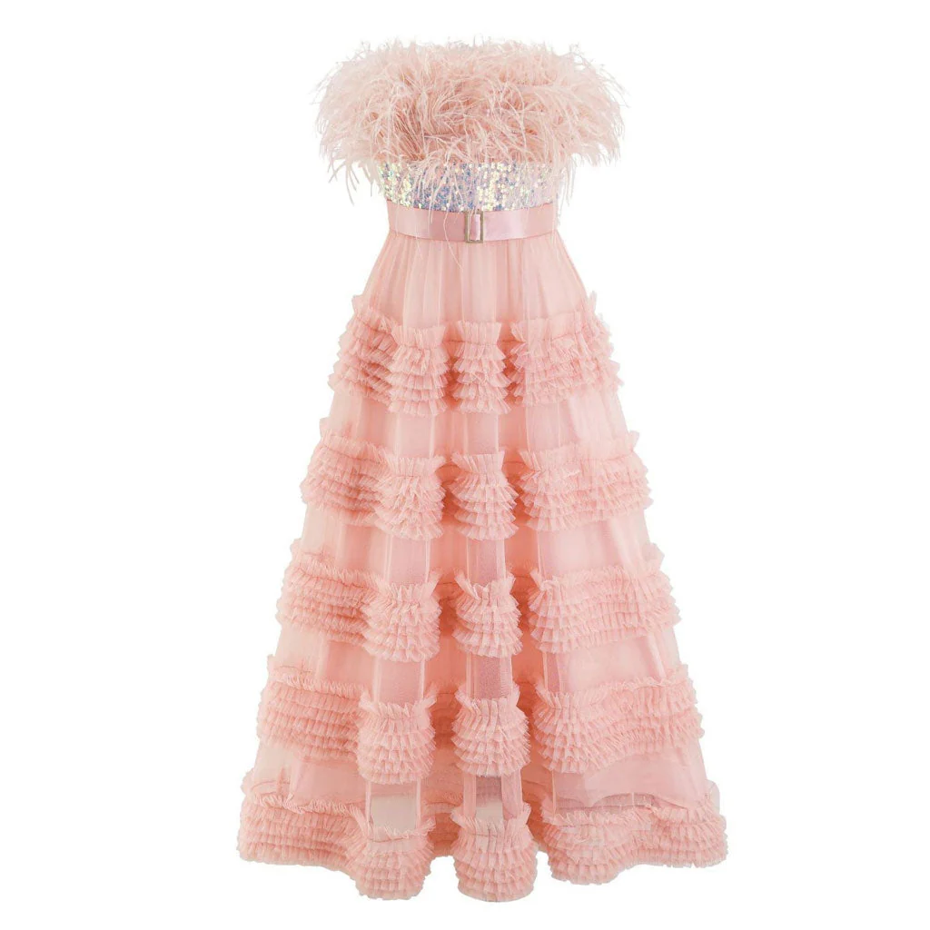 Sparkly Sequin Feather Trim Bandeau Ruffle Tiered Tulle Maxi Tube Gown Dress - Image 8