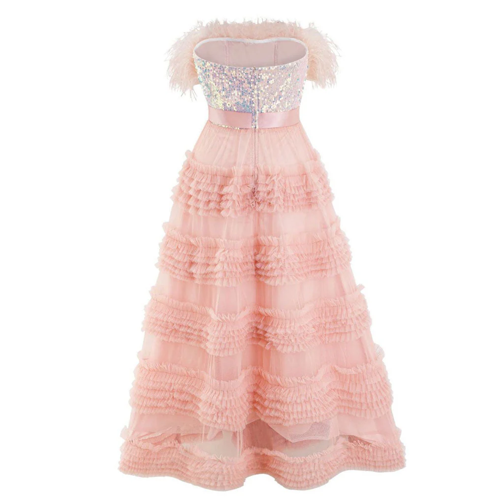 Sparkly Sequin Feather Trim Bandeau Ruffle Tiered Tulle Maxi Tube Gown Dress - Image 9