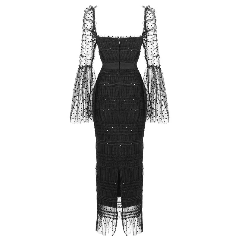 Sparkly Sequin Flocked Dotted Tulle Cocktail Midi Dress - Black - Image 4