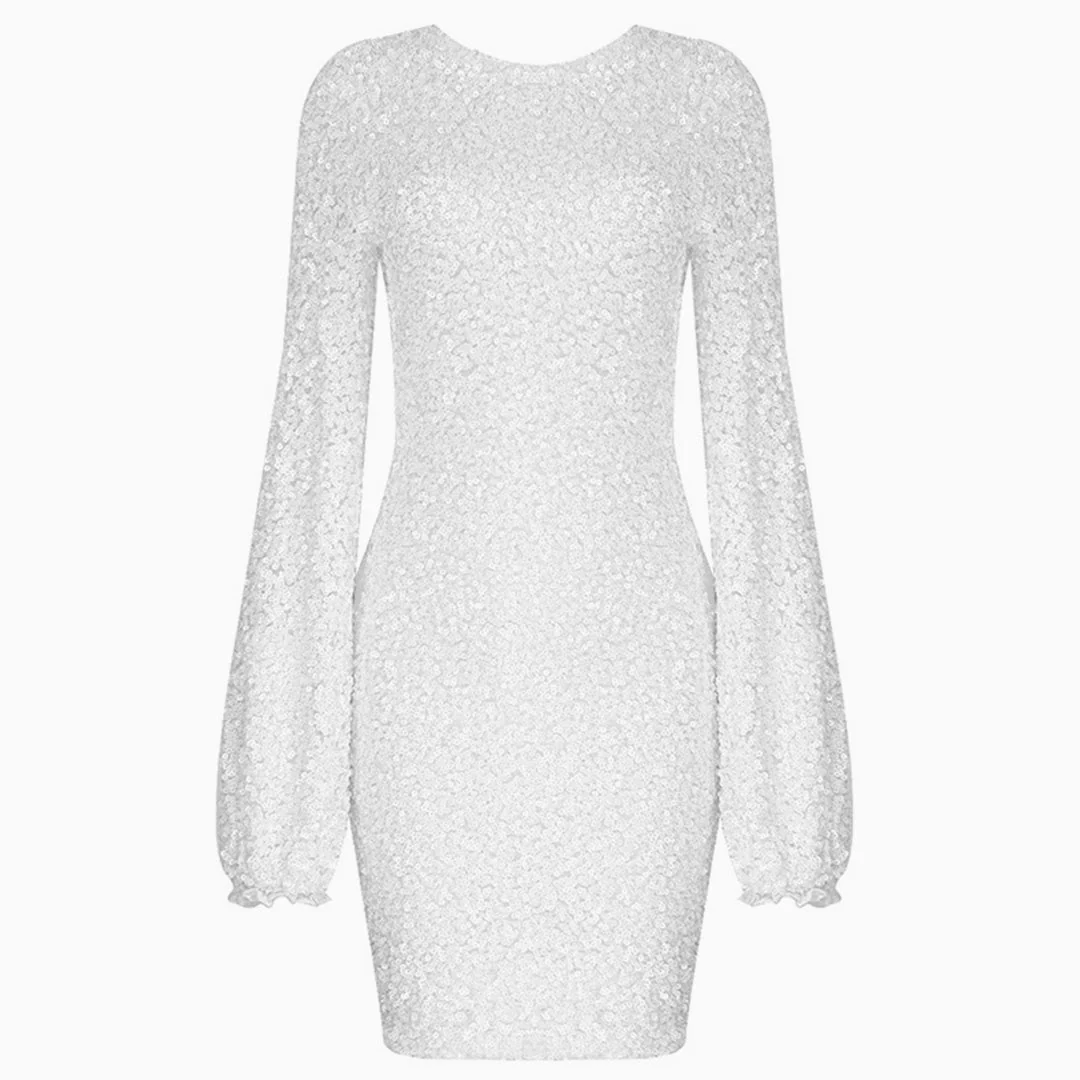Sparkly Sequin Lacy Long Sleeve Party Mini Dress - White - Image 3