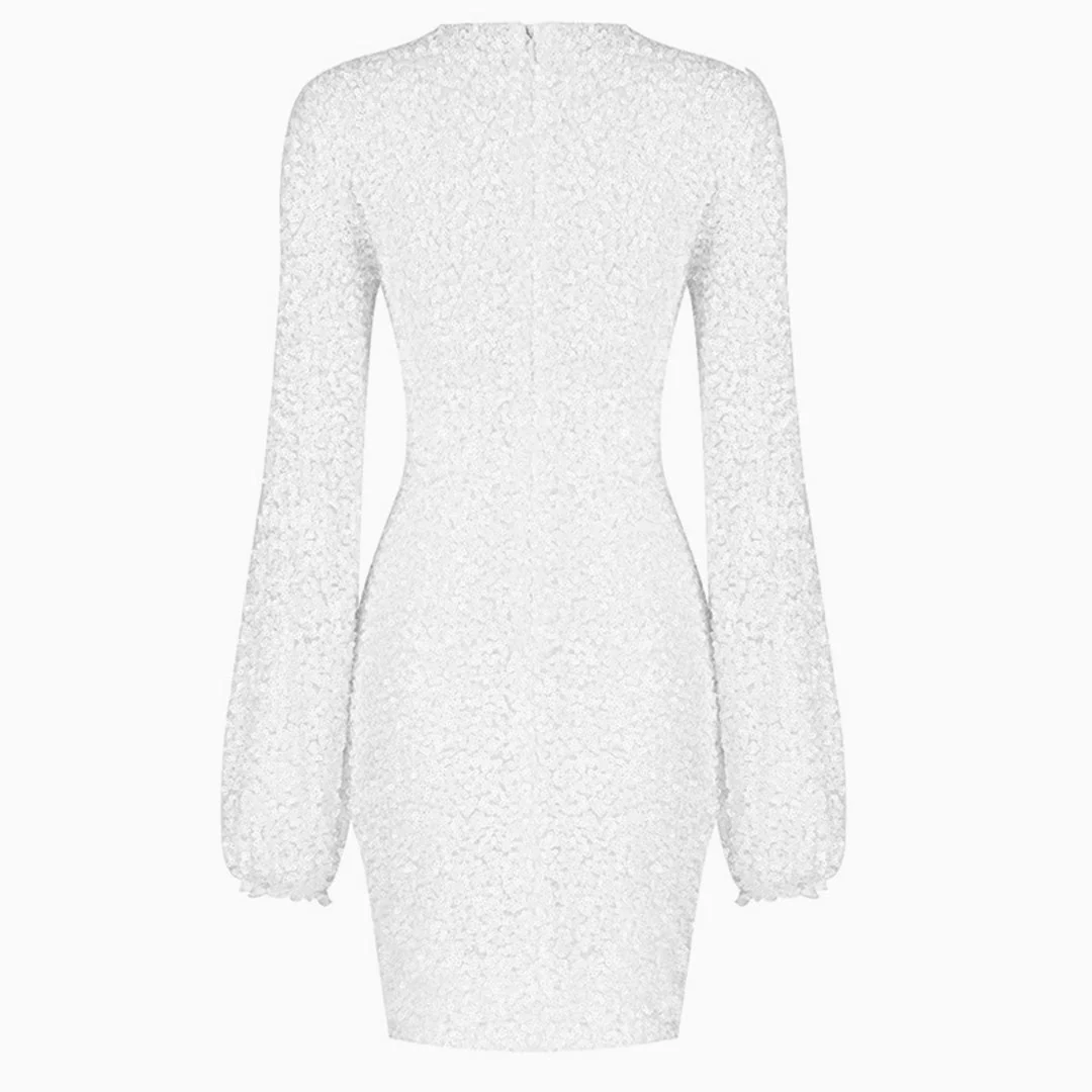 Sparkly Sequin Lacy Long Sleeve Party Mini Dress - White - Image 4
