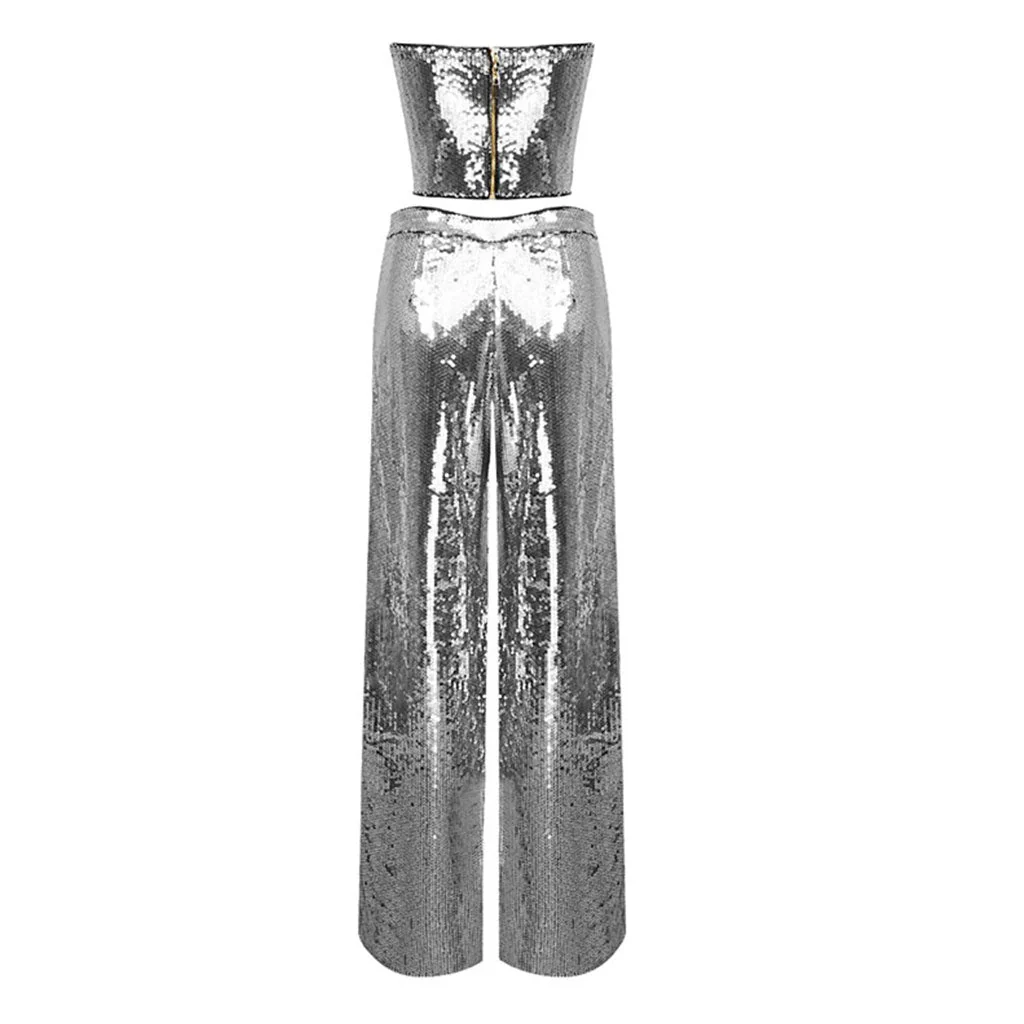 Sparkly Sequin Party Sweetheart Crop Tube Top Wide Leg Pant Matching Set - Image 3