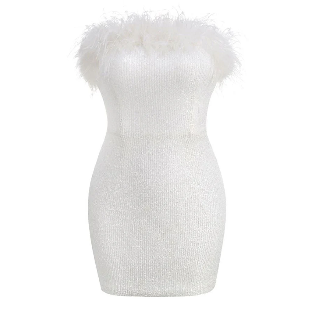 Sparkly Sequin Solid Color Feather Trim Strapless Bodycon Mini Party Dress - Image 3
