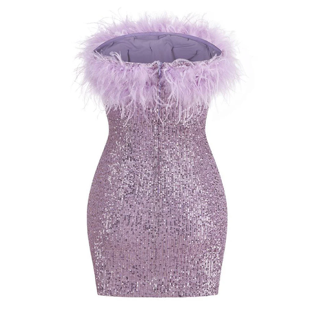 Sparkly Sequin Solid Color Feather Trim Strapless Bodycon Mini Party Dress - Image 4