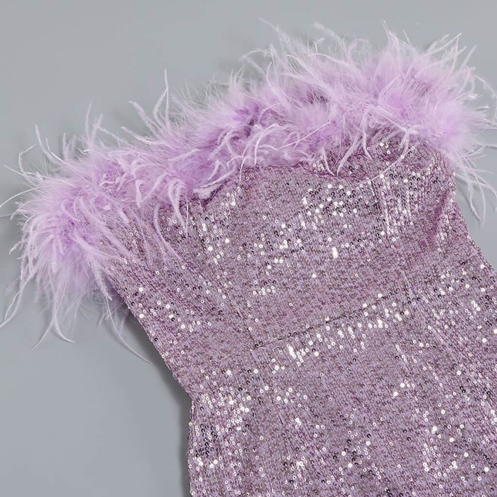 Sparkly Sequin Solid Color Feather Trim Strapless Bodycon Mini Party Dress - Image 5