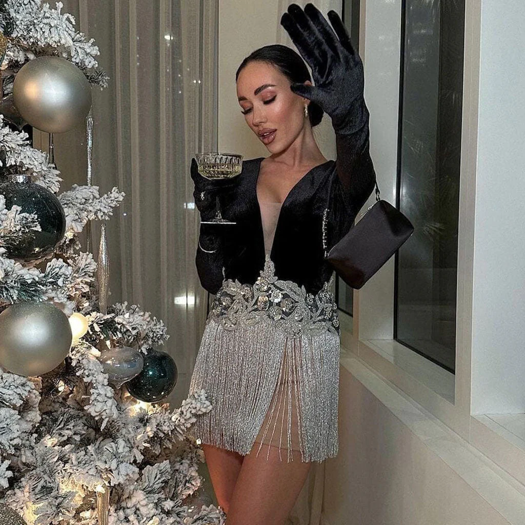 Sparkly Sequined Floral Plunge Neck Full Glove Velvet Mesh Mini Fringe Dress