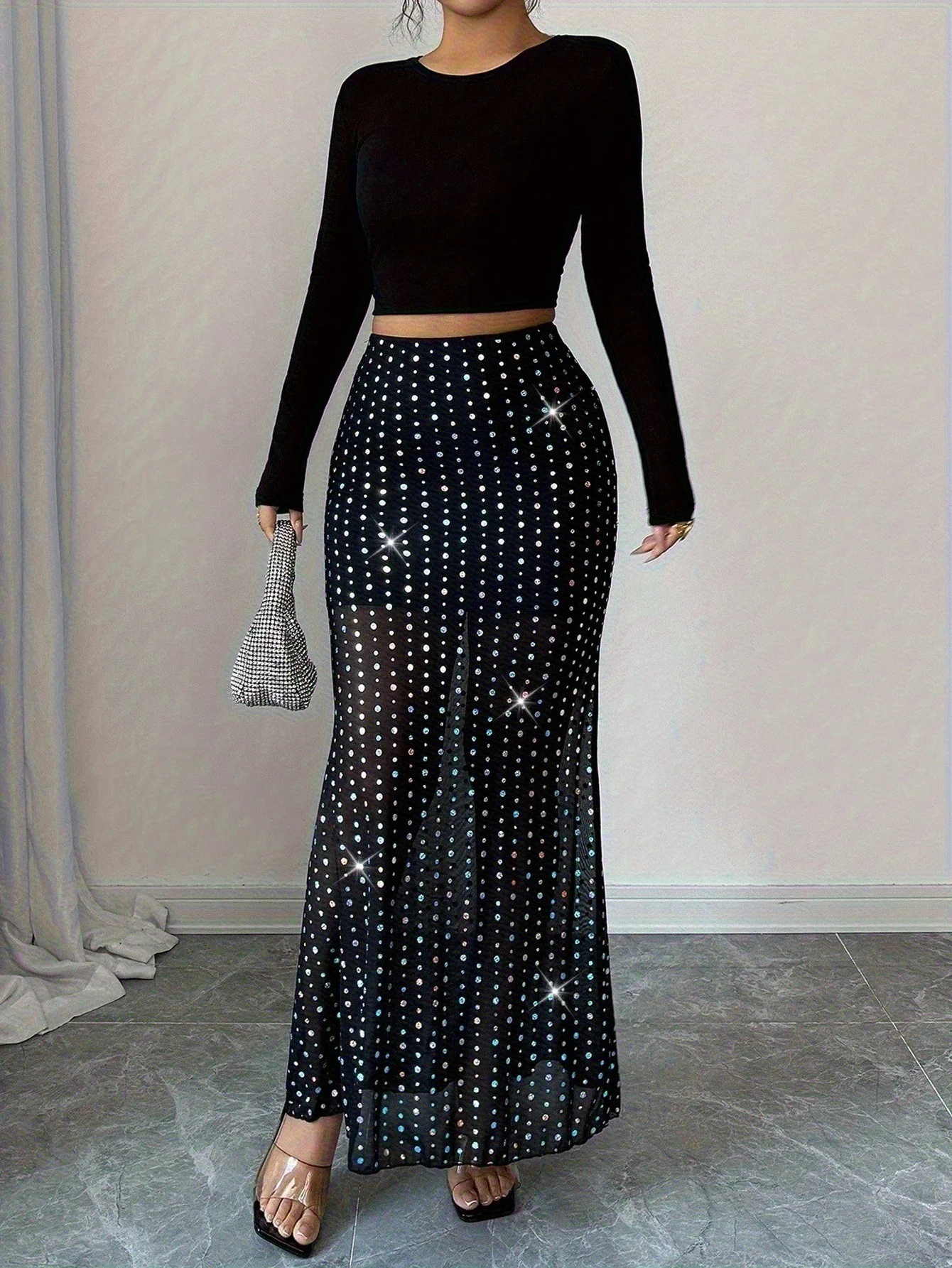 Sparkly Silver Diamante Embellished High Waist Bodycon Sheer Mesh Midi Skirt