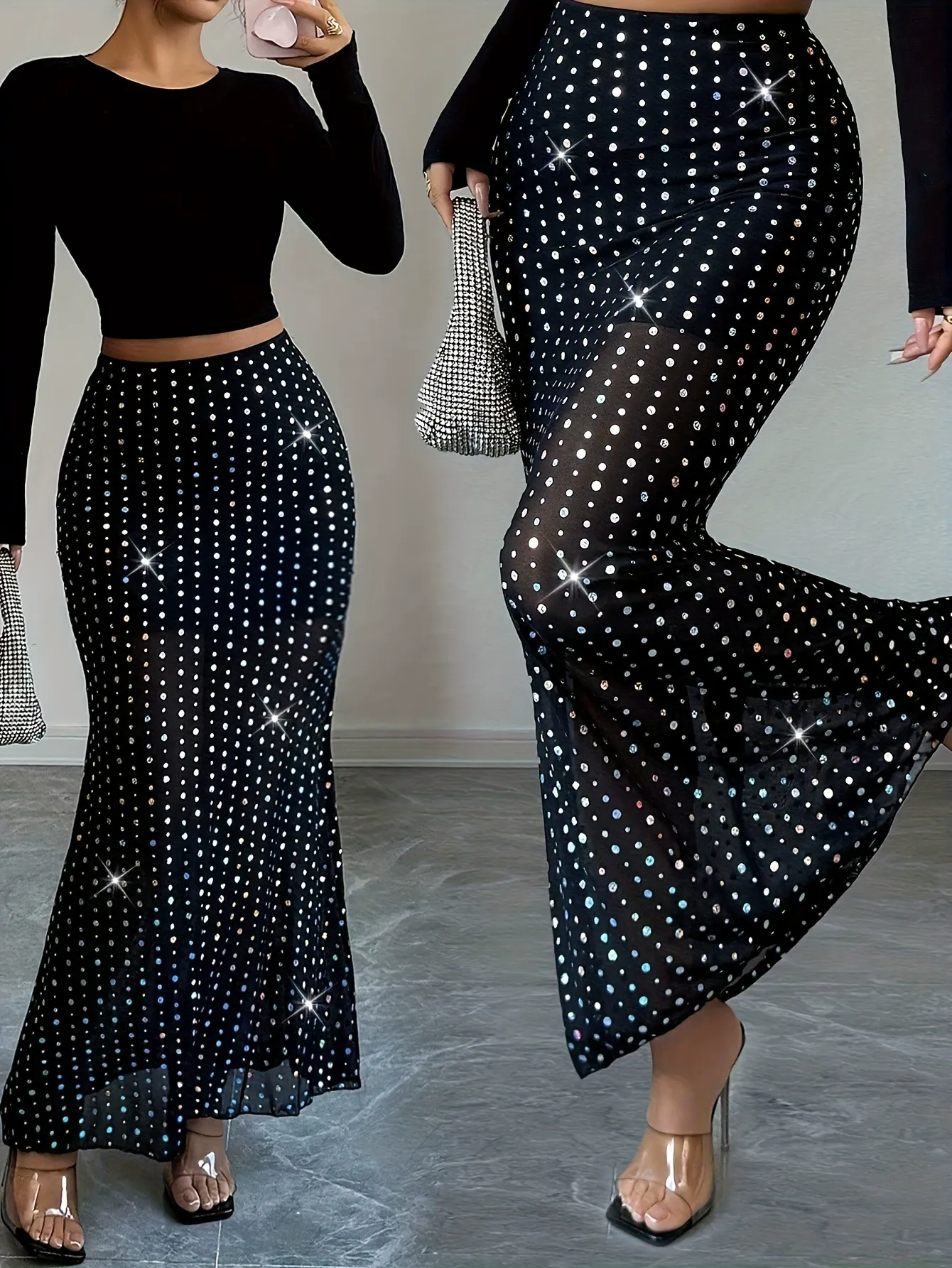 Sparkly Silver Diamante Embellished High Waist Bodycon Sheer Mesh Midi Skirt - Image 5