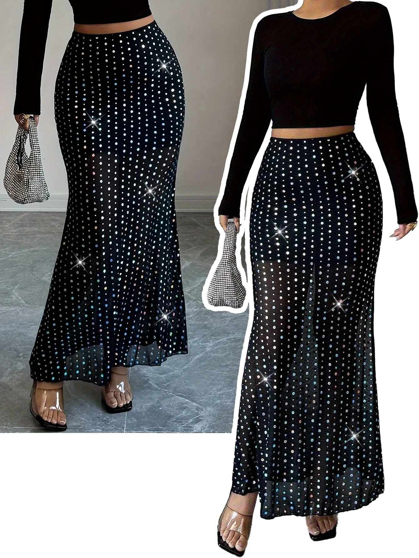 Sparkly Silver Diamante Embellished High Waist Bodycon Sheer Mesh Midi Skirt - Image 6