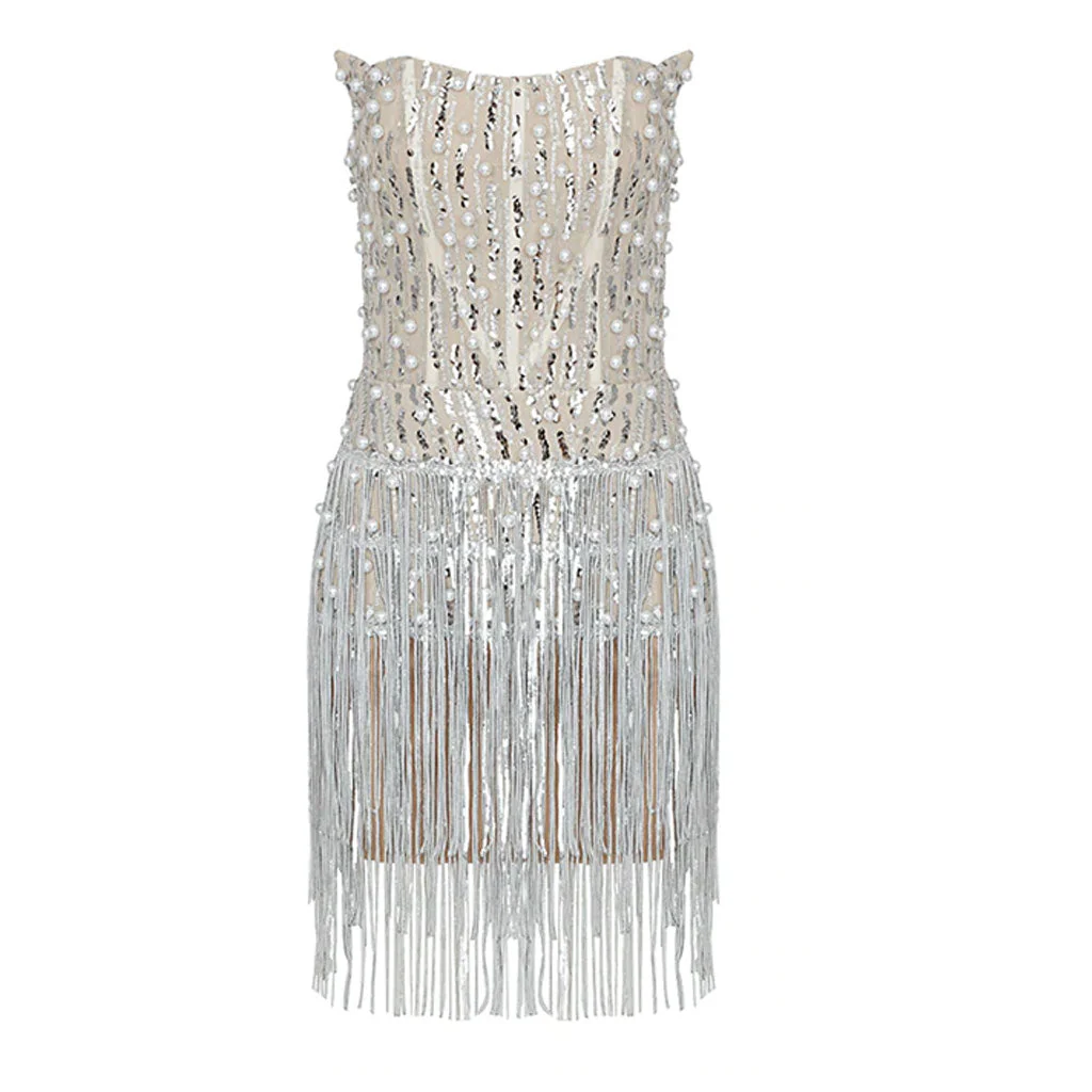 Sparkly Strapless Beaded Rhinestone Fringe Mini Dress - Beige - Image 3
