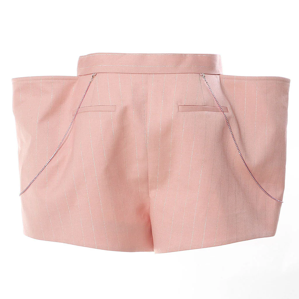 Sparkly Striped High Waist Rhinestone Chain Cargo Pocket Tailored Shorts - Image 2