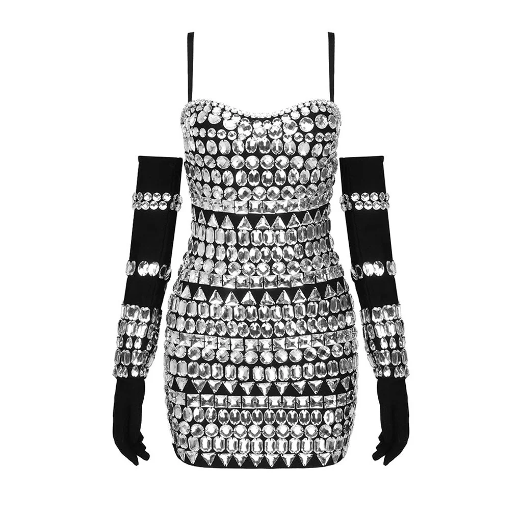 Sparkly Sweetheart Neck Rhinestone Embellished Glove Micro Mini Bandage Dress - Image 6