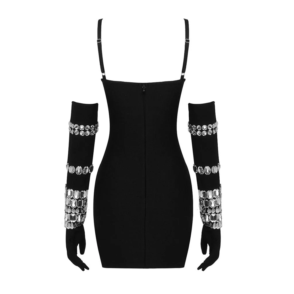 Sparkly Sweetheart Neck Rhinestone Embellished Glove Micro Mini Bandage Dress - Image 7