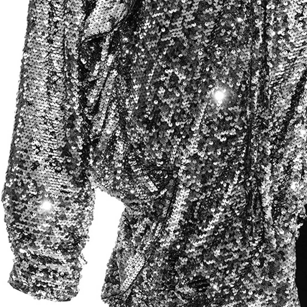 Sparkly Tie Neck High Neck Half Button Ruffle Split Side Longline Sequin Blouse - Image 3