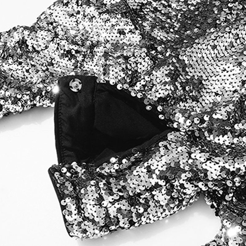 Sparkly Tie Neck High Neck Half Button Ruffle Split Side Longline Sequin Blouse - Image 5