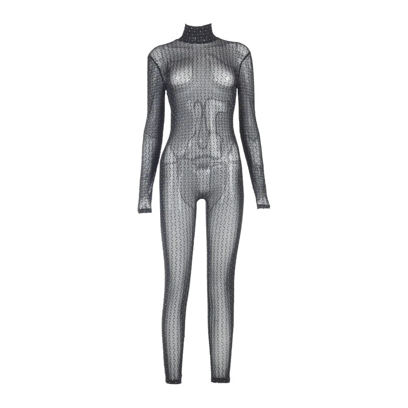 Sparkly Trimmed High Neck Long Sleeve Mesh Sheer Jumpsuit - Black - Image 3