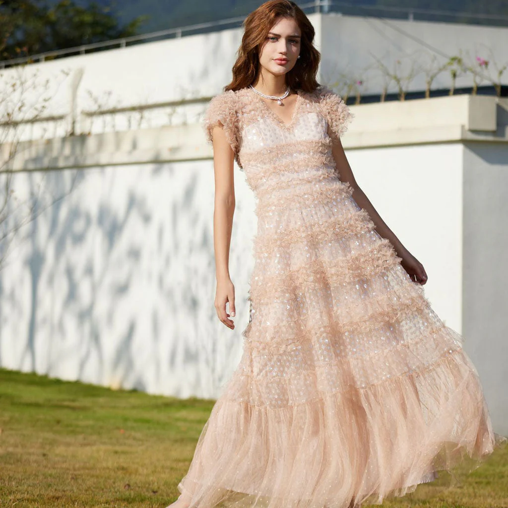 Sparkly V Neck Short Sleeve Summer Floral Sequin Tiered Ruffle Tulle Maxi Dress - Image 3