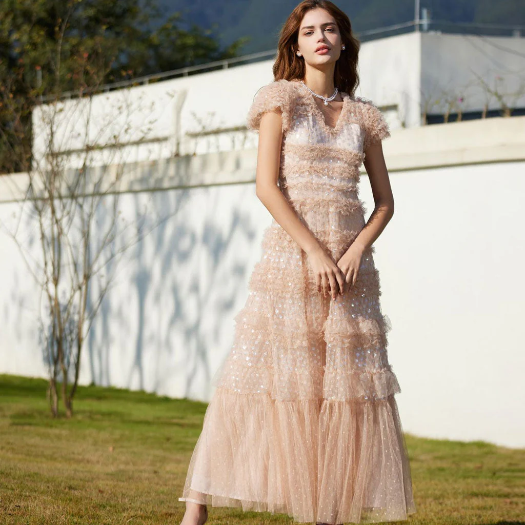 Sparkly V Neck Short Sleeve Summer Floral Sequin Tiered Ruffle Tulle Maxi Dress - Image 4