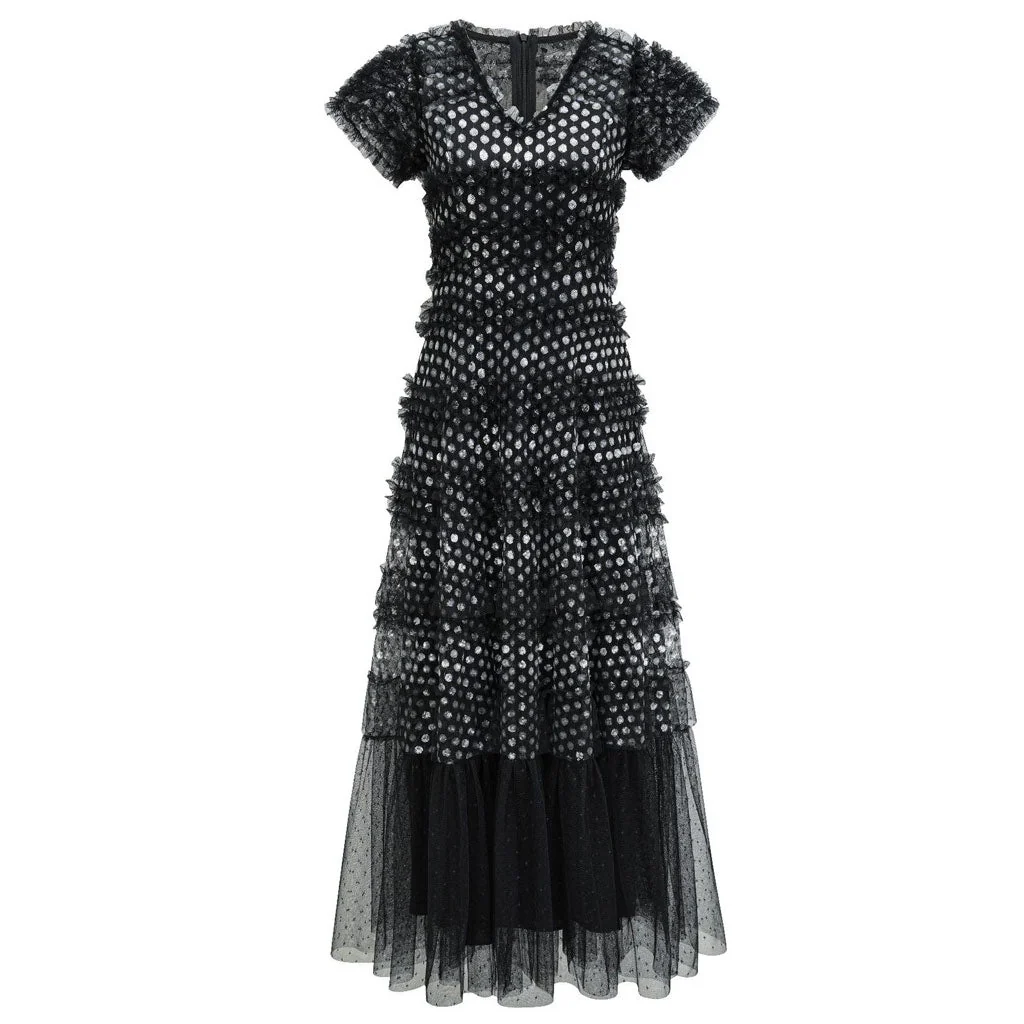 Sparkly V Neck Short Sleeve Summer Floral Sequin Tiered Ruffle Tulle Maxi Dress - Image 8