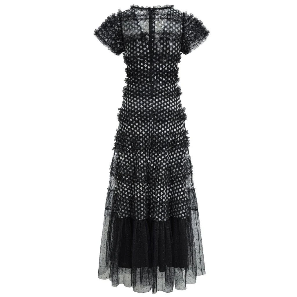 Sparkly V Neck Short Sleeve Summer Floral Sequin Tiered Ruffle Tulle Maxi Dress - Image 9