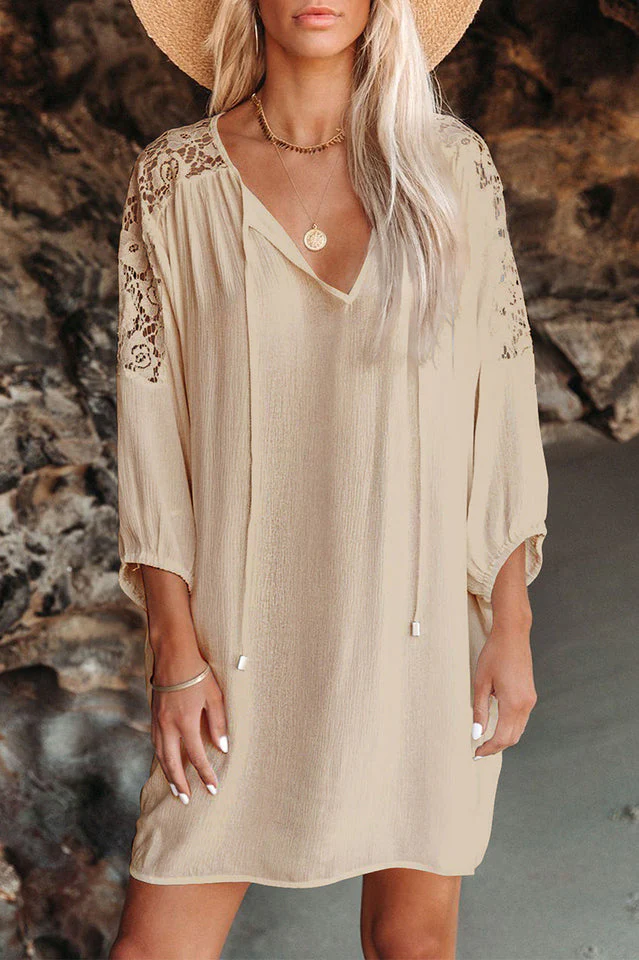 Spliced Lace Three-Quarter Sleeve Cover Up - Image 12