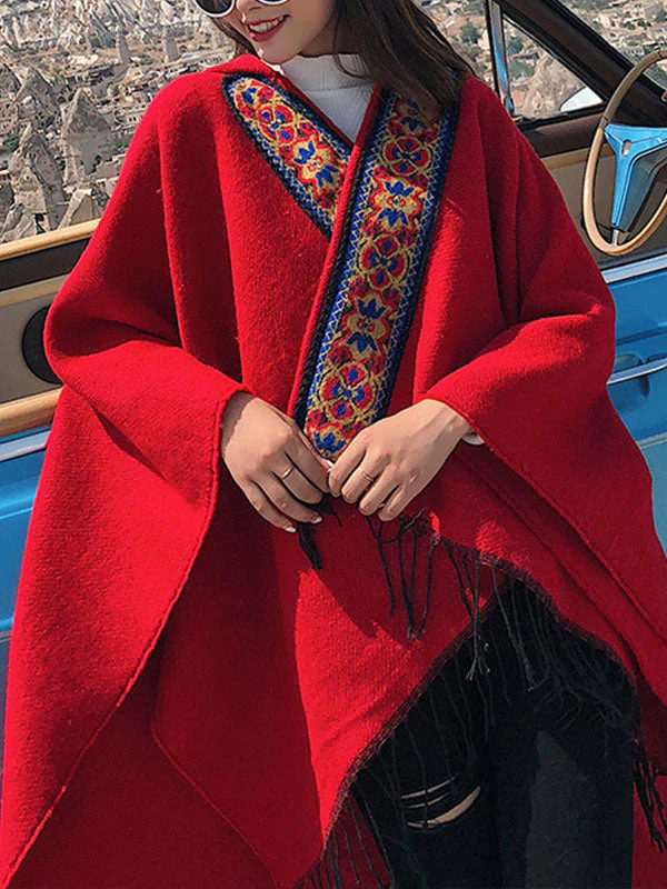 Splicing Red Shawl Cardigan with Hooded - Image 3