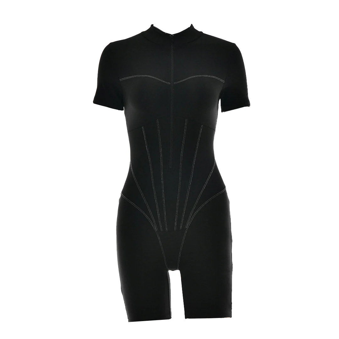 Sporty Bodycon Short Sleeve Mock Neck Zip Up Romper - Black - Image 3