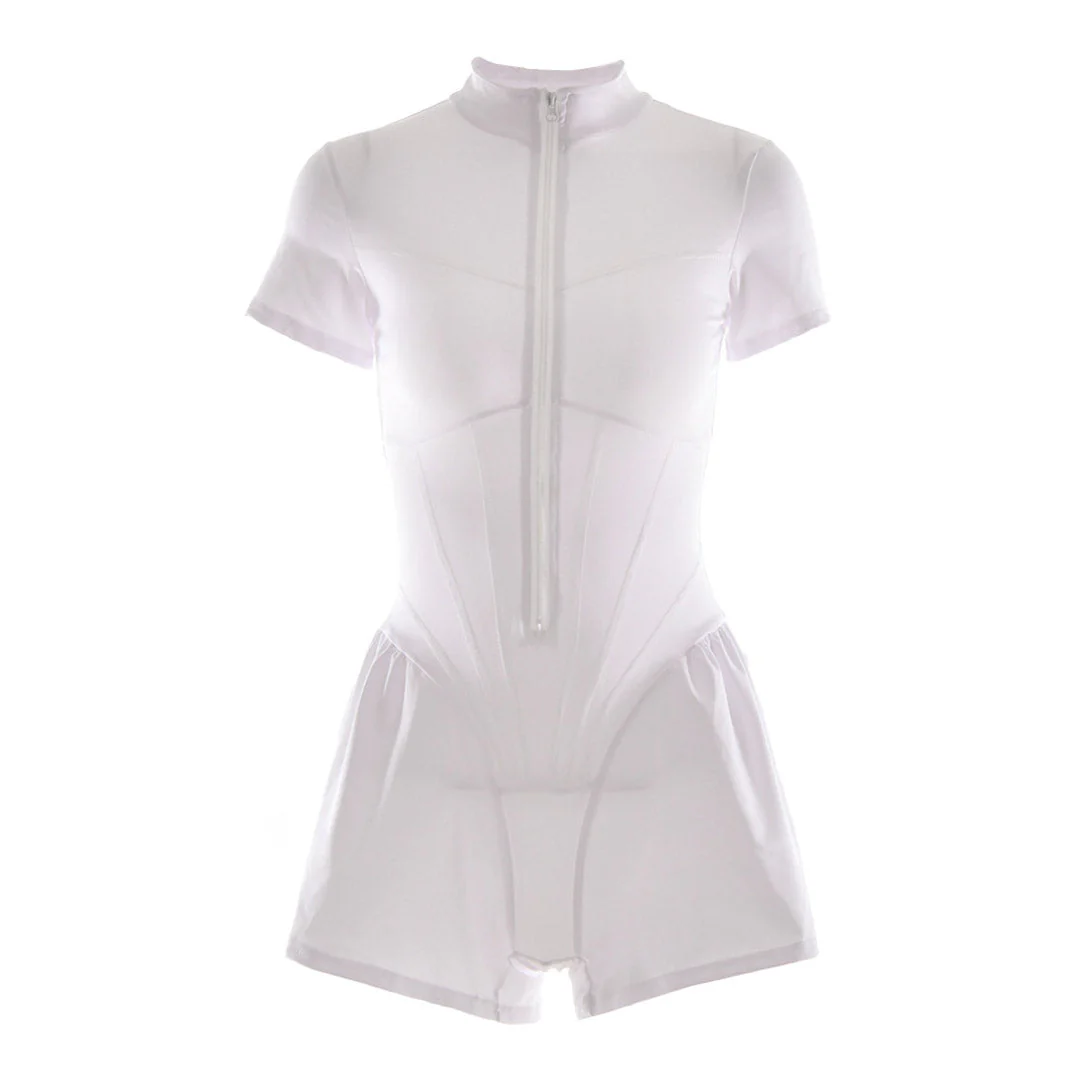 Sporty Ruffle Leg Short Sleeve Mock Neck Zip Up Romper - White - Image 3